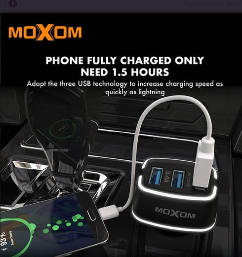Moxom MX-VC01 3.4A 3USB Charging Output Car Charger Adapter With LED Light And Micro Charging Cable